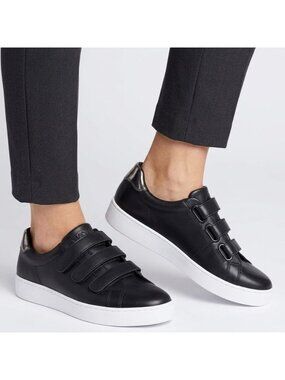 Vionic Size 9 Black Bobbi Leather Hook and Loop 3 Strap Low Top Sneakers Shoes